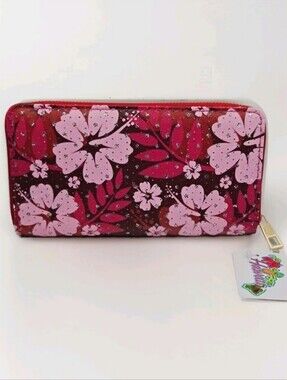 Island Sense Pink Red Floral Hibiscus Zip Around Wallet Glitter Sparkle NWT